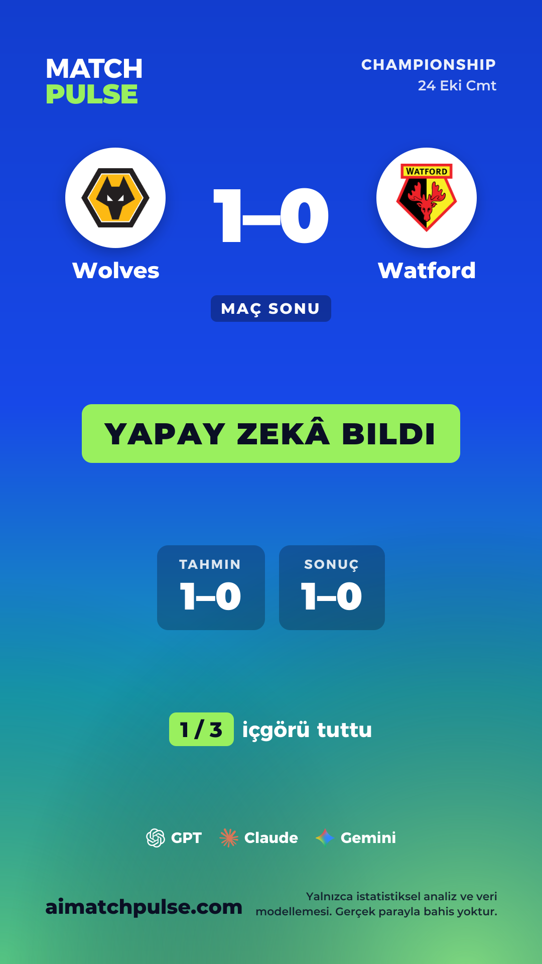 Wolves - Watford tahmin kartı